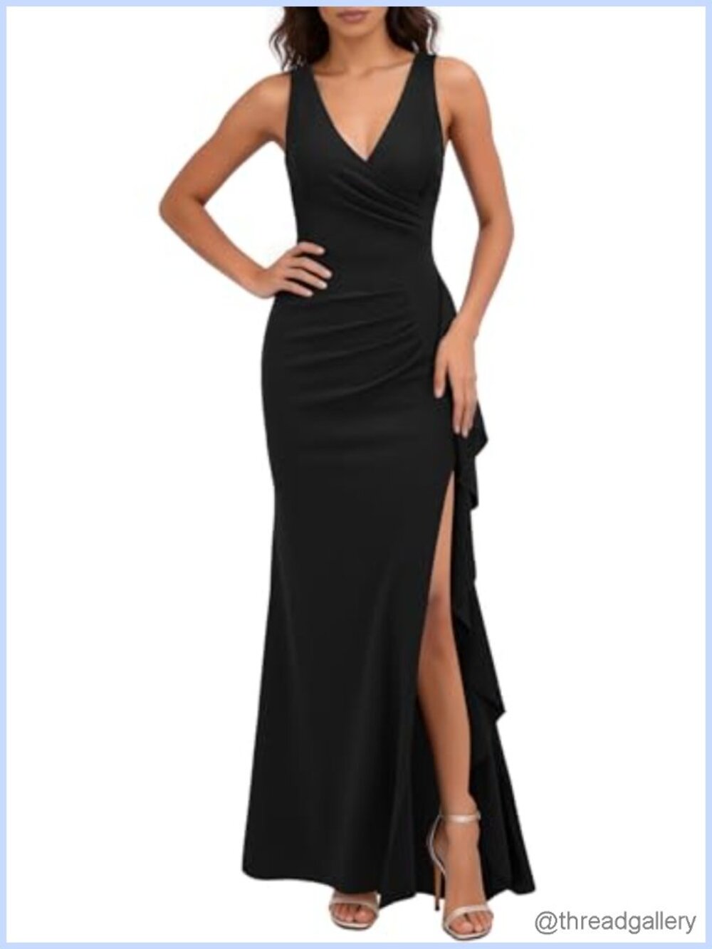 Deep V Neck Ruffle Split Formal Evening Party Maxi Dress